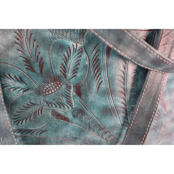 LEADERS IN LEATHER Turquoise Embossed Tote Bag with Floral Pattern - Picture 2 of 10
